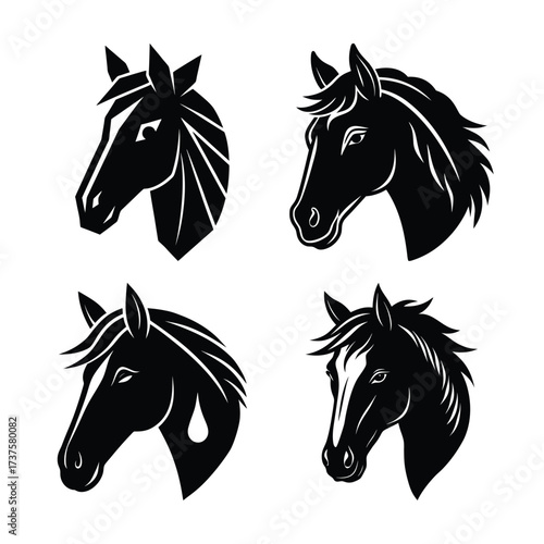 Vector art of collection of four black and white horse head graphics