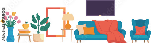 Modern cozy living room interior with blue sofa, orange blanket, yellow pillow, table lamp, indoor plants, tulip vase, home decor