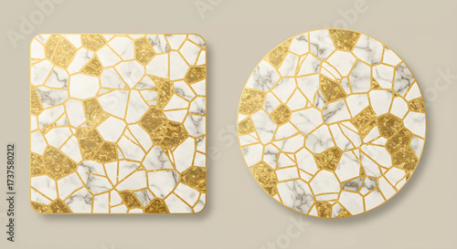 decorative mosaic tiles, geometric patterns, golden accents, square and round shapes, artistic design.