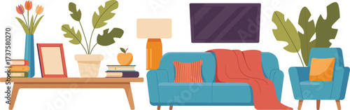 Modern cozy living room interior with blue sofa, orange blanket, yellow pillow, table lamp, indoor plants, tulip vase, home decor