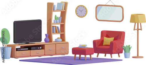 Modern cozy living room interior with red armchair, bookshelf, TV, floor lamp, purple carpet, home decor, minimalist design