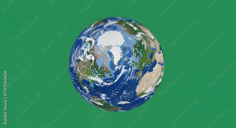 Fototapeta premium Detailed 3D model of planet Earth spinning on its axis against a plain green backdrop, showcasing continents and oceans