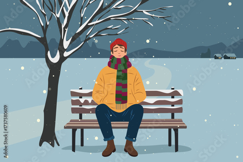 mind - body - soul soothing concept,  mix feeling of miserable calm solitude peaceful relax, man - woman sitting alone on bench under tree, snow falling , cold winter wind blowing,  cartoon vector