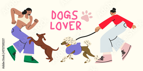 Dogs lover banner. Girl character walking with her dog. Happy pet owner. Flat vector illustration