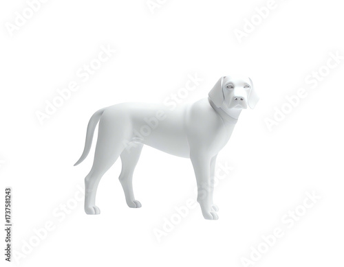 Solid white dog sculpture rendered on a stark black background