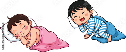 Cartoon children sleeping peacefully, cute boy and girl in bed, cozy bedtime illustration, sweet dreams concept, kids rest, night sleep