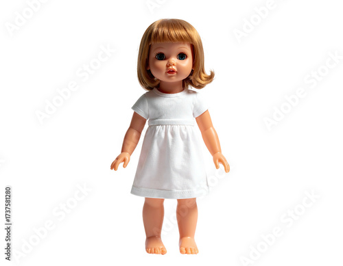 Classic doll in a white dress, lit from above, on a black background