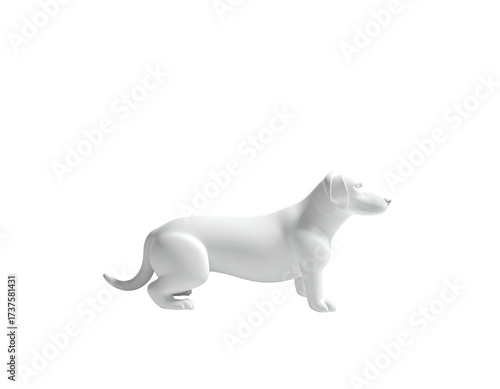 Simple, stark, side view of a small, white dog figurine against black background