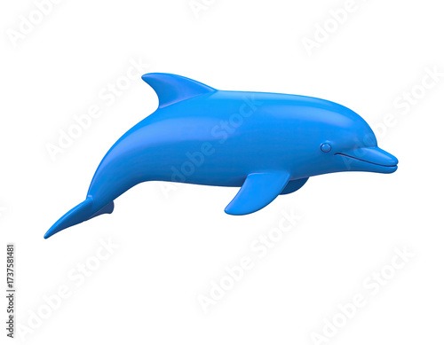 Blue, smooth 3D rendering of a playful dolphin against a stark, black backdrop