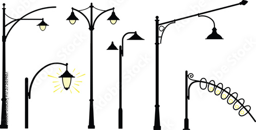 Street lamp post silhouettes with glowing lanterns in classic and modern urban styles for cityscape architectural design vector illustration.