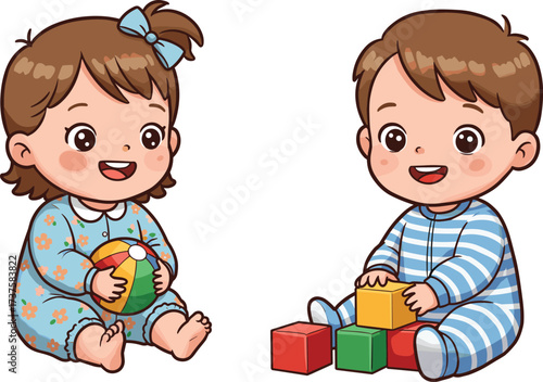 Cartoon toddlers playing with colorful toys, baby boy and girl sitting on floor, childhood development, early learning, fun playtime illustration