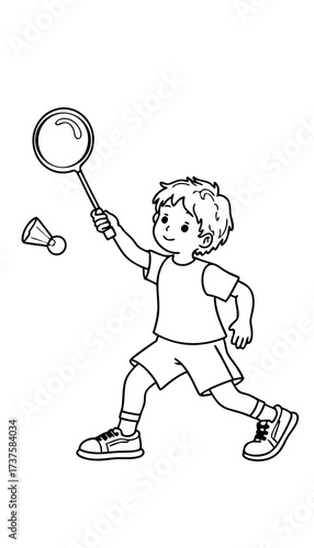 Boy playing with a racket and shuttlecock in a playful manner - Concept of coloring for children  