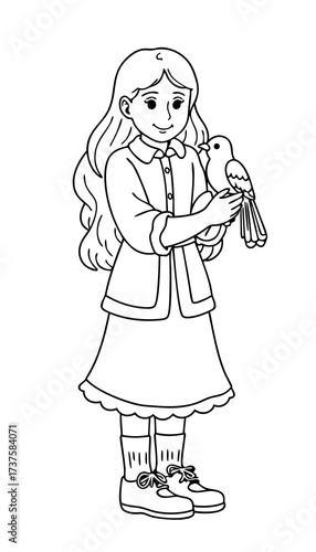Young girl holding a bird, outlined drawing for children's coloring  