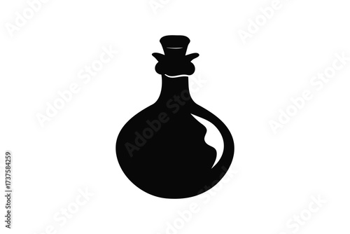 A simple black silhouette of an antique round glass bottle with a stopper on a white background silhouette