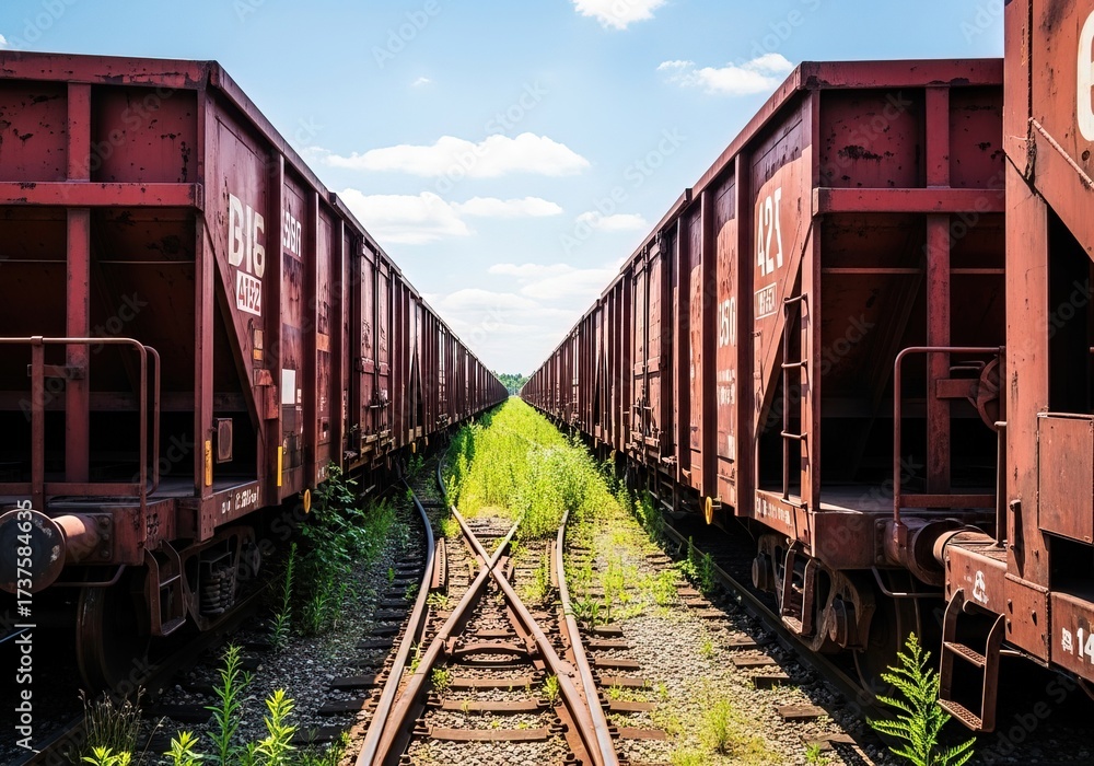 Obraz premium Freight wagons overtaken by weeds at junction with rust visible across surfaces in cinematic hyper-real atmospheric decay imagery