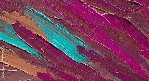 Textured abstract paint strokes with vibrant magenta, turquoise, and earth tones. Thick impasto art background with diagonal brushwork.