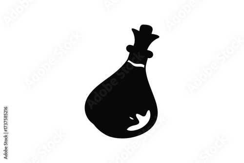 A simple black silhouette of an old fashioned potion bottle with a stopper on a white background silhouette