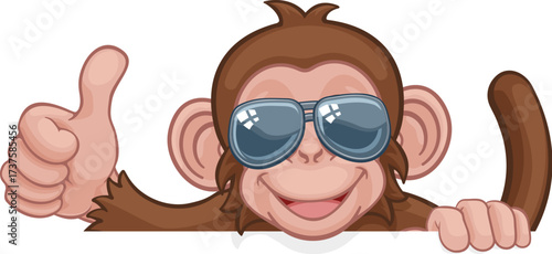 A monkey cool cartoon character animal wearing sunglasses peeking over a sign and giving a thumbs up.