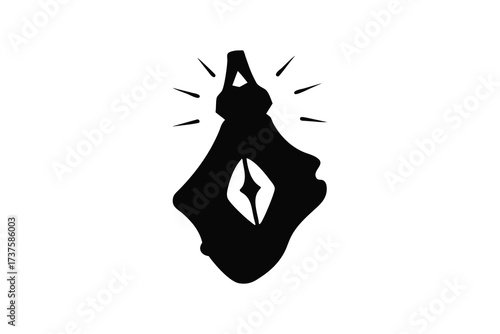 Mysterious abstract symbolic silhouette with glowing center and radiating lines on white background