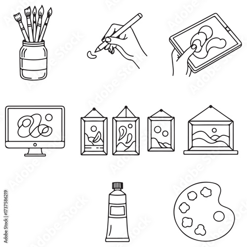 Creative Art and Digital Painting Tools Outline Icons Collection