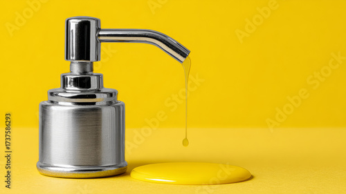 Stainless steel soap dispenser with yellow liquid against yellow background.