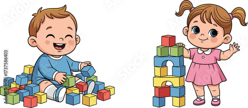 Children playing with colorful building blocks, happy kids learning through play, early childhood development, creativity, teamwork, fun, education, imagination, toys