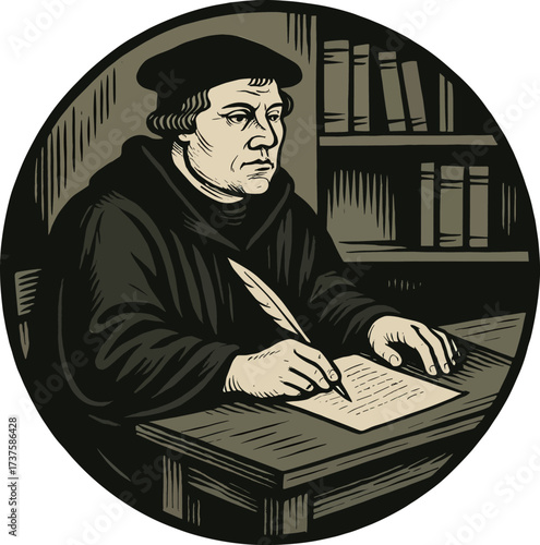Happy Reformation Day vector illustration. Martin Luther writing the 95 Theses at his desk with a quill. Vintage medieval engraving style for religious and historical themes