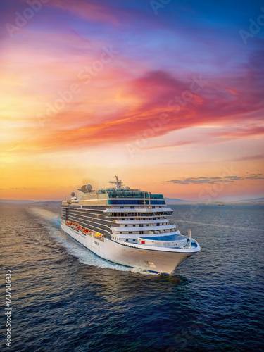 Aerial view of a generic cruise ship traveling over the ocean during golden summer sunset time with copy space