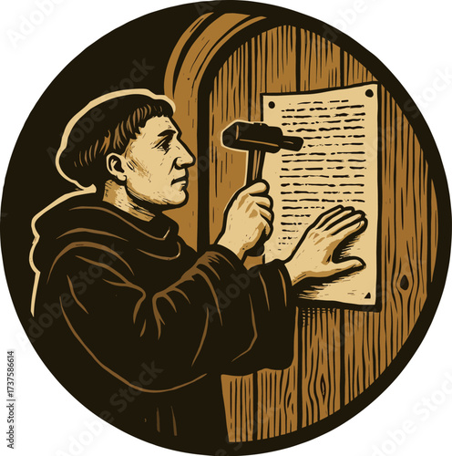 Happy Reformation Day vector illustration. Martin Luther nailing the 95 Theses to the church door in Wittenberg. Beginning of the Protestant Reformation