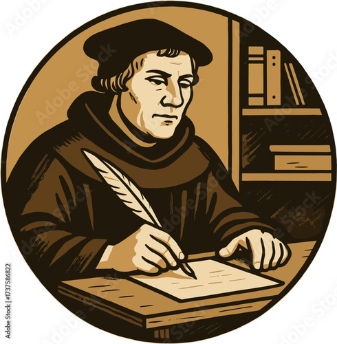 Happy Reformation Day vector illustration. Martin Luther writing the 95 Theses with a quill at his desk, representing the intellectual spark of the Protestant Reformation