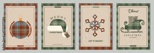 Ethical Christmas poster set. Sustainable Holiday poster Collection Set. Eco-conscious Christmas card bundle with plaid tartan patterns. Sustainable christmas. Vintage Holiday. Vector illustration
