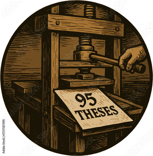 Happy Reformation Day vector illustration. Vintage printing press producing the 95 Theses. Engraving-style artwork for historical, religious, and educational themes.