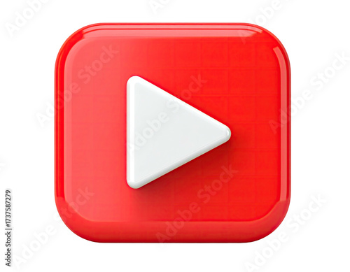 Glossy, red, square button with a white triangular play icon on a black background