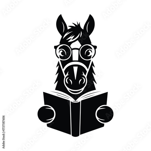 Clever horse wearing glasses reads a book with focus and intelligence in a black silhouette style silhouette