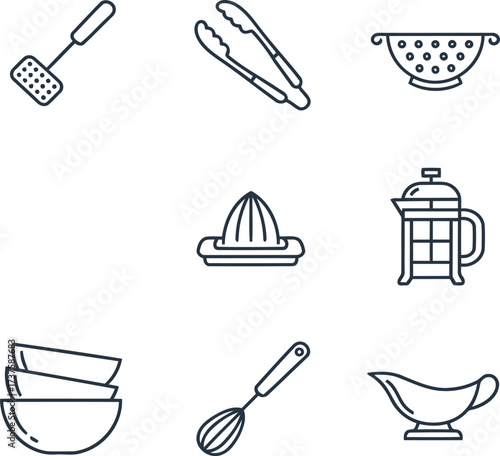 Essential Kitchen Utensils and Cooking Tools Line Art Icon Set
