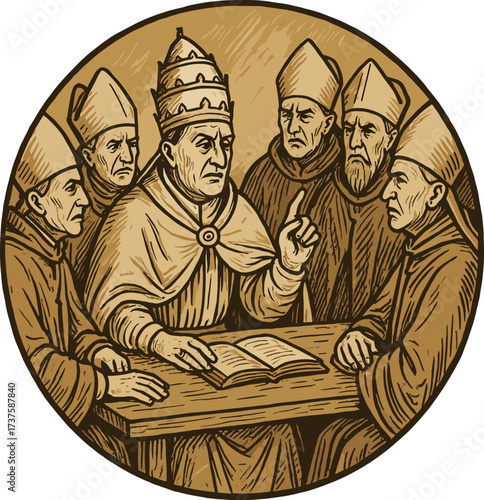 Catholic bishops discussion vector illustration. Vintage medieval engraving style for historical and religious themes