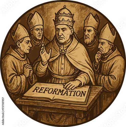 Happy Reformation Day vector illustration. Catholic clergy discussing the Reformation. Vintage medieval engraving style for historical and religious themes