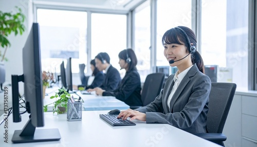 コールセンターでヘッドセットをつけ業務に取り組む日本人男女スタッフのチームのオフィス風景写真