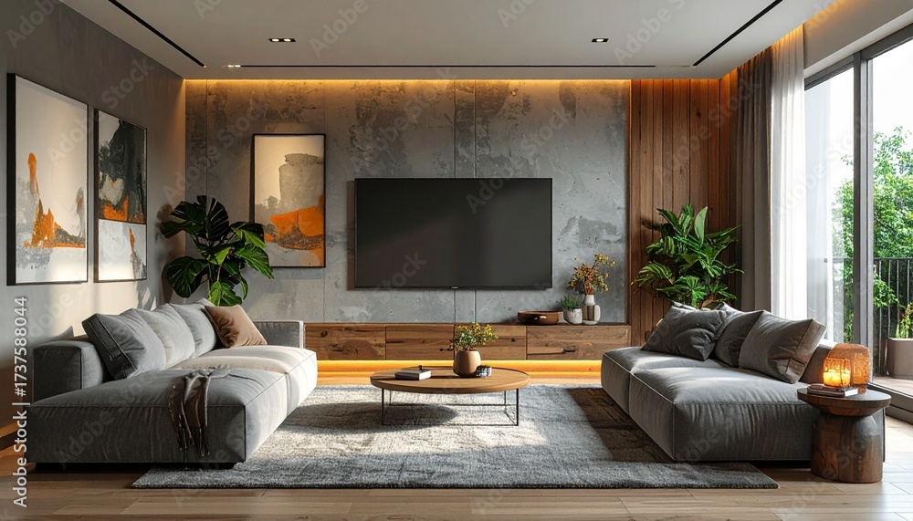 Fototapeta premium Gray sofa with wall TV, console, rug, plant, and abstract art