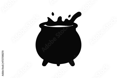 A bubbling cauldron with a splash of liquid erupting from its top rendered in a bold black silhouette