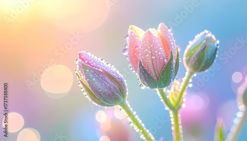 Close Up of Pink Flower Buds with Dew Droplets Against a Soft Bokeh Background with Bright Sunlight