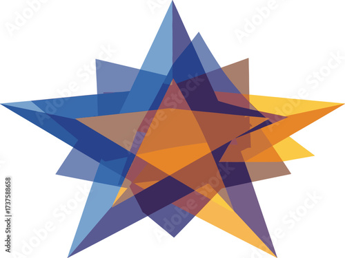 Abstract geometric starburst shape with intersecting translucent planes of blue and orange isolated on transparent background.