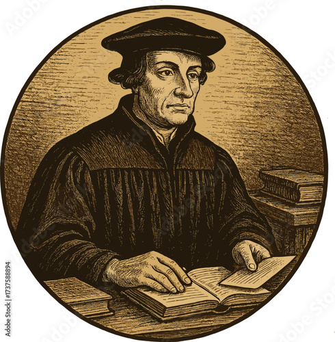Happy Reformation Day vector illustration. Portrait of Huldrych Zwingli. Protestant Reformation. Vintage medieval engraving style for historical and religious themes
