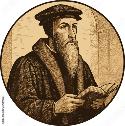 Happy Reformation Day vector illustration. Portrait of John Calvin. Protestant Reformation. Vintage medieval engraving style for historical and religious concepts