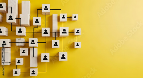 A minimalist yellow backdrop with black lines linking wooden blocks icons, symbolizing social network connections