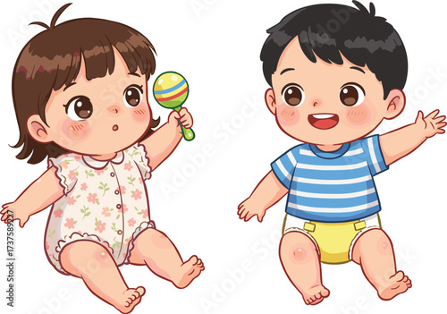 Cute cartoon babies sitting together, smiling happy children, playful toddler illustration, childhood friendship, adorable infant characters, parenting concept, early development, joy