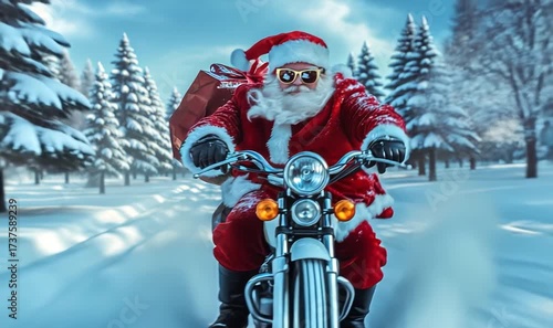 Modern santa claus riding a motorcycle, delivering christmas gifts through a snowy forest
