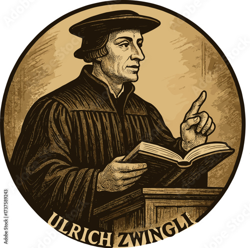Happy Reformation Day vector illustration. Portrait of Ulrich Zwingli preaching. Swiss Reformation movement. Vintage medieval engraving style for historical and religious concepts