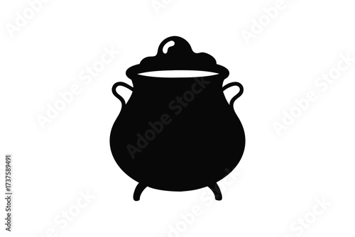 A black silhouette of a classic cauldron with a lid and handles on a white background silhouette