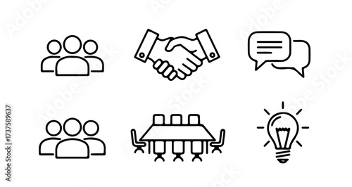 A collection of business-related icons including teamwork, handshake, speech bubbles, meeting table, and a lightbulb representing an idea.